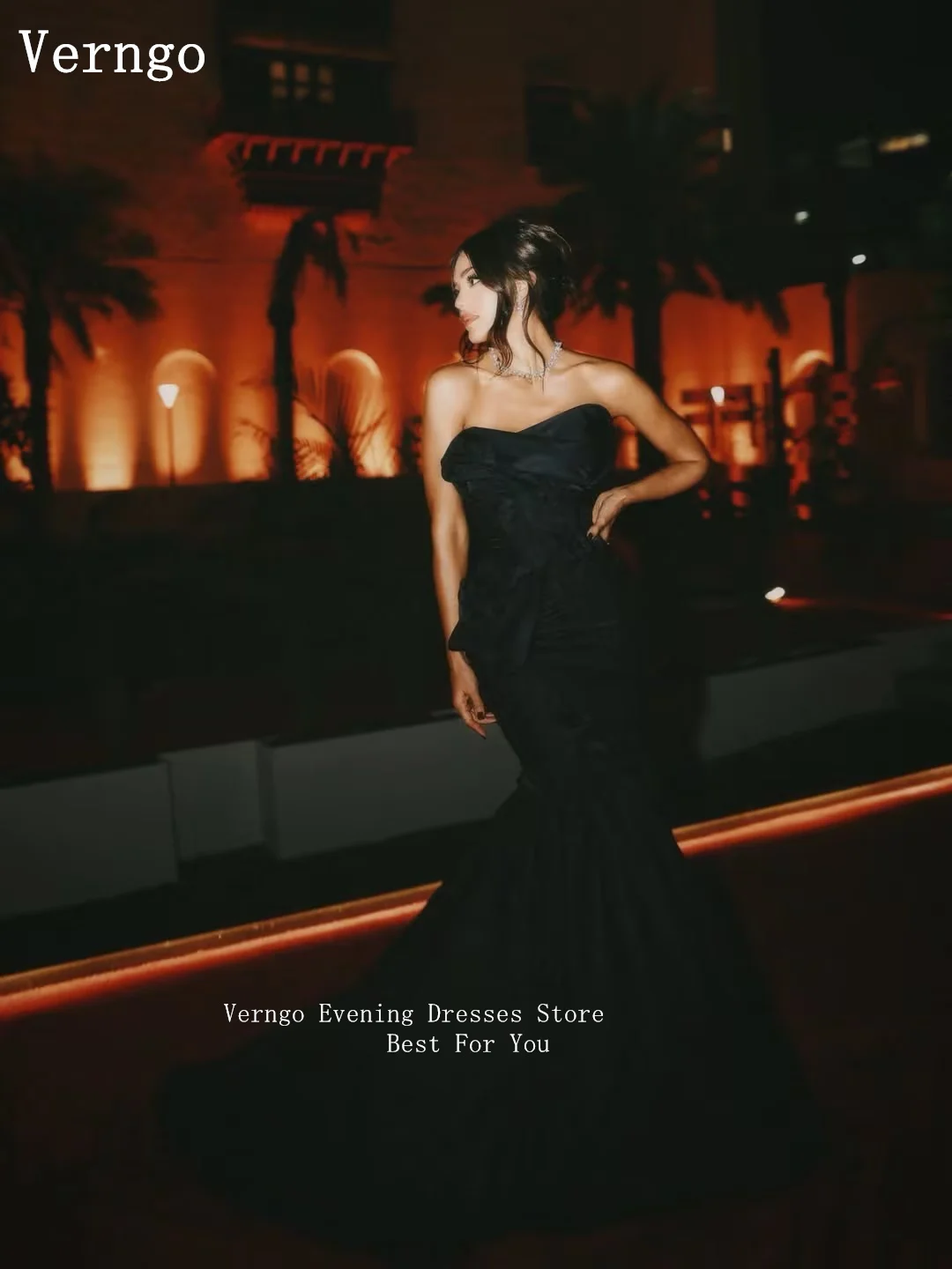 فستان سهرة من الساتان الأسود من Verngo بدون حمالات مطوي فستان رسمي حورية البحر سويب تراين رشيق كوتور فساتين حفلات مخصصة