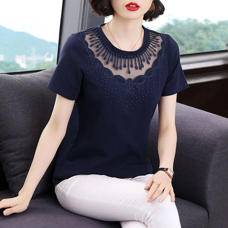 Female Clothing Stylish Diamonds T-shirt Embroidery Sexy Gauze Hollow Out Spliced Summer Casual Short Sleeve Straight Pullovers