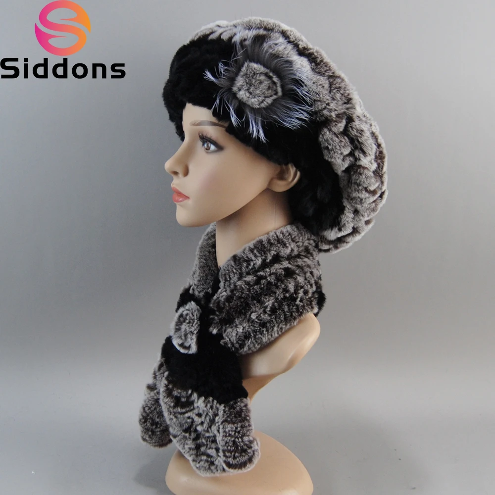 

2024 New Winter women Warm Real Rex Rabbit Fur Hat With Natural Rex Rabbit Fur Scarf 2 Pieces Sets Fashion Headgear And Muffler