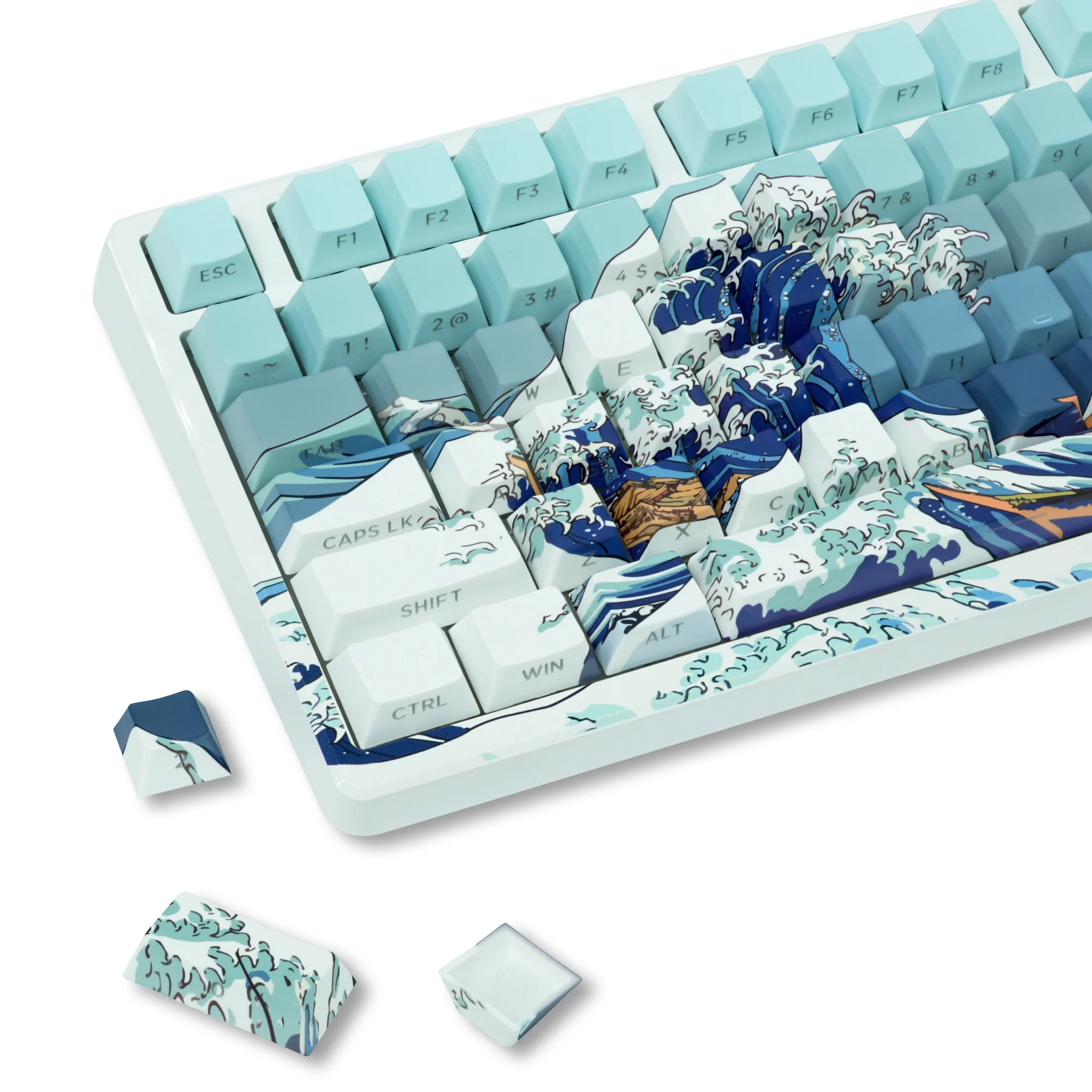 131 Keys Blue Kanagawa Side Print Shine Through Keycaps Dye Sub PBT Keycaps Cherry Profile for MX Switches Mechanical Keyboard