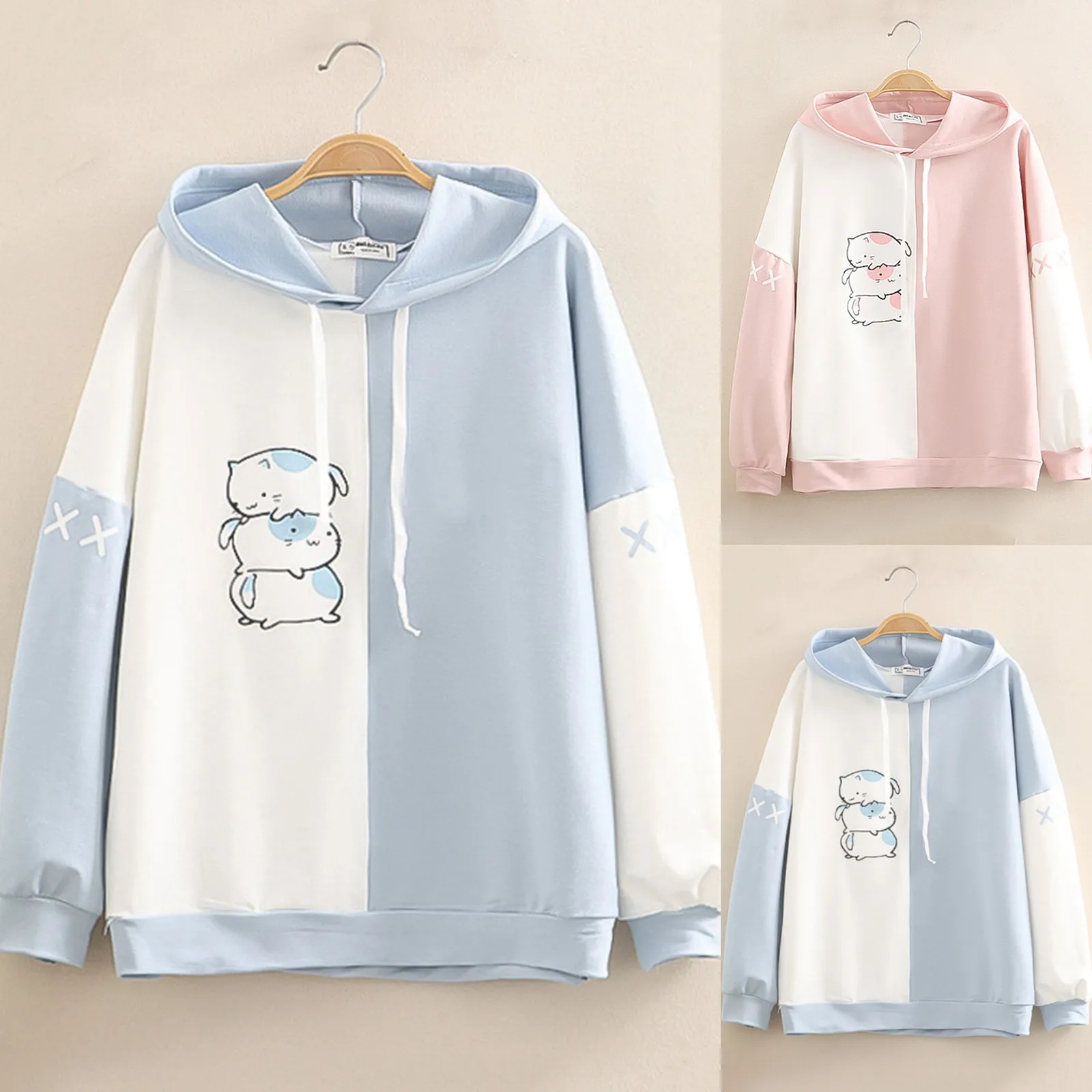 

Harajuku Hoodies Cartoon Cat Printed Hooded Baby Blue Sweet Sweatshirt Women Winter Thick Warm Female Cute Kawaii Tops Tracksuit