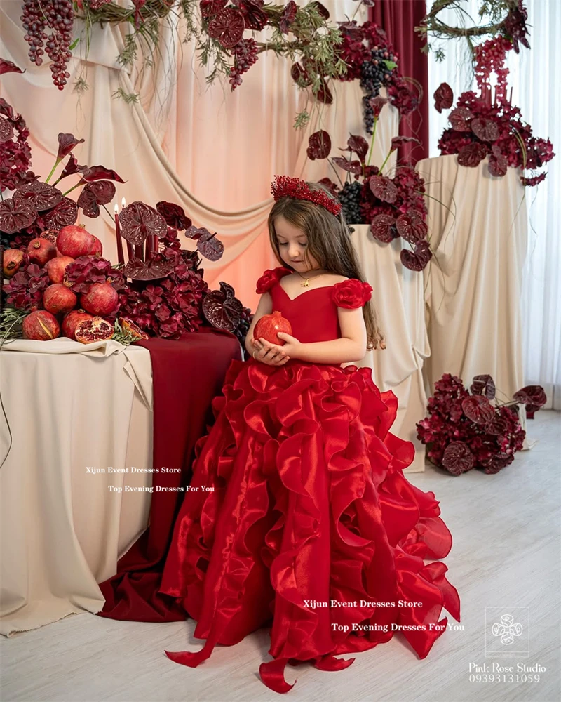 

Xijun Luxury Red Organza Flower Girl Dresses Ruched A-Line Birthday Party Dresses For Girls Off Shoulder Ball Gowns Customized