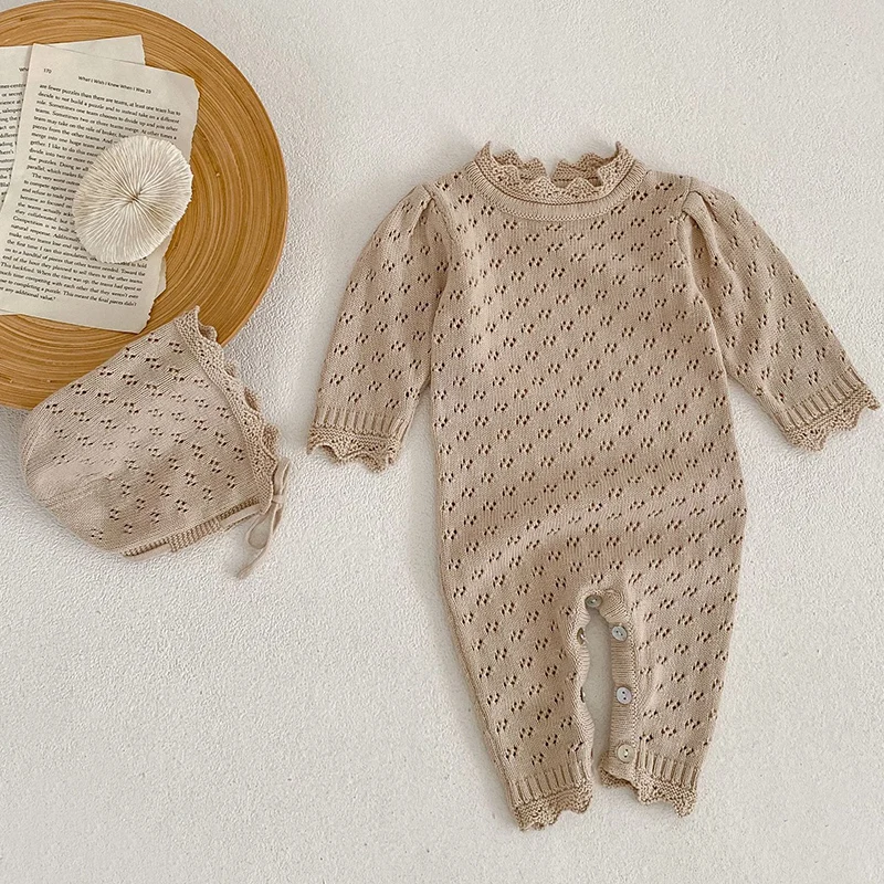 Autumn Baby Romper Cotton Knitted Newborn Boy Girl Jumpsuit Outfit Long Sleeved Infant Toddler Hollow Out Clothing Hat Onesies