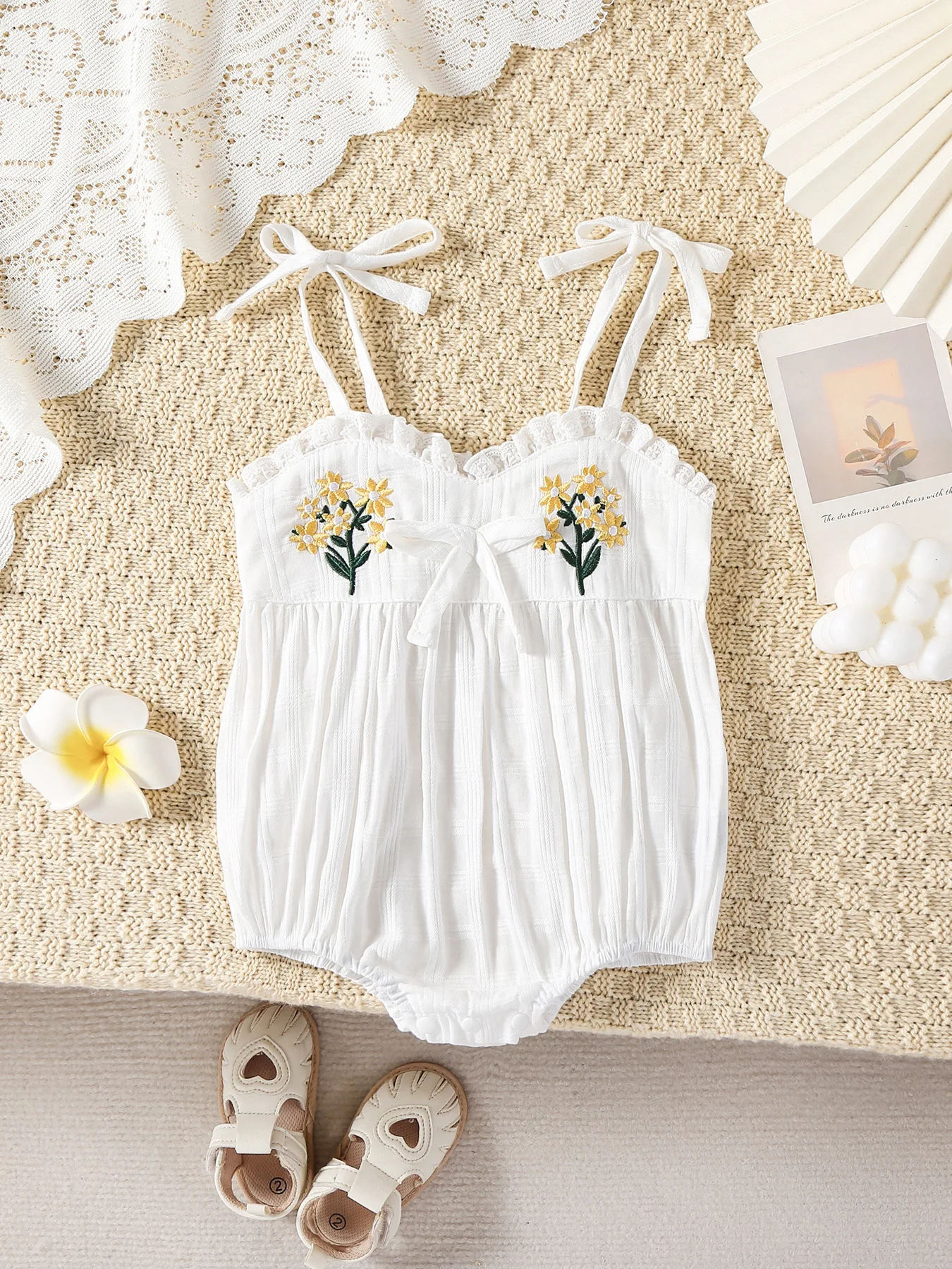 

Baby Girl Summer Romper Pure Cotton Embroidered Suspender Braces Onesie Class A Korean Style Thin Cute White Cami Jumpsuit