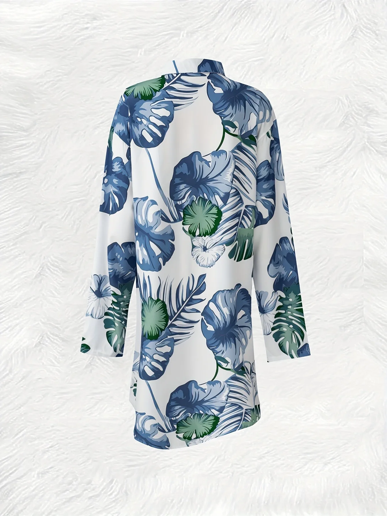 Women's White Blue Green Tropical Leaf Print Button Down Shirt Dress Long Sleeve Midi Dress