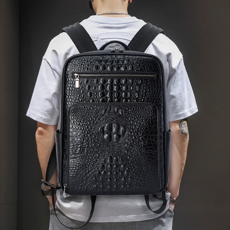 2024 New Luxury Brand Real Genuine Leather Men Backpacks alligator Student Backpack Boy Luxury 15.6 Inch Computer Laptop Bag