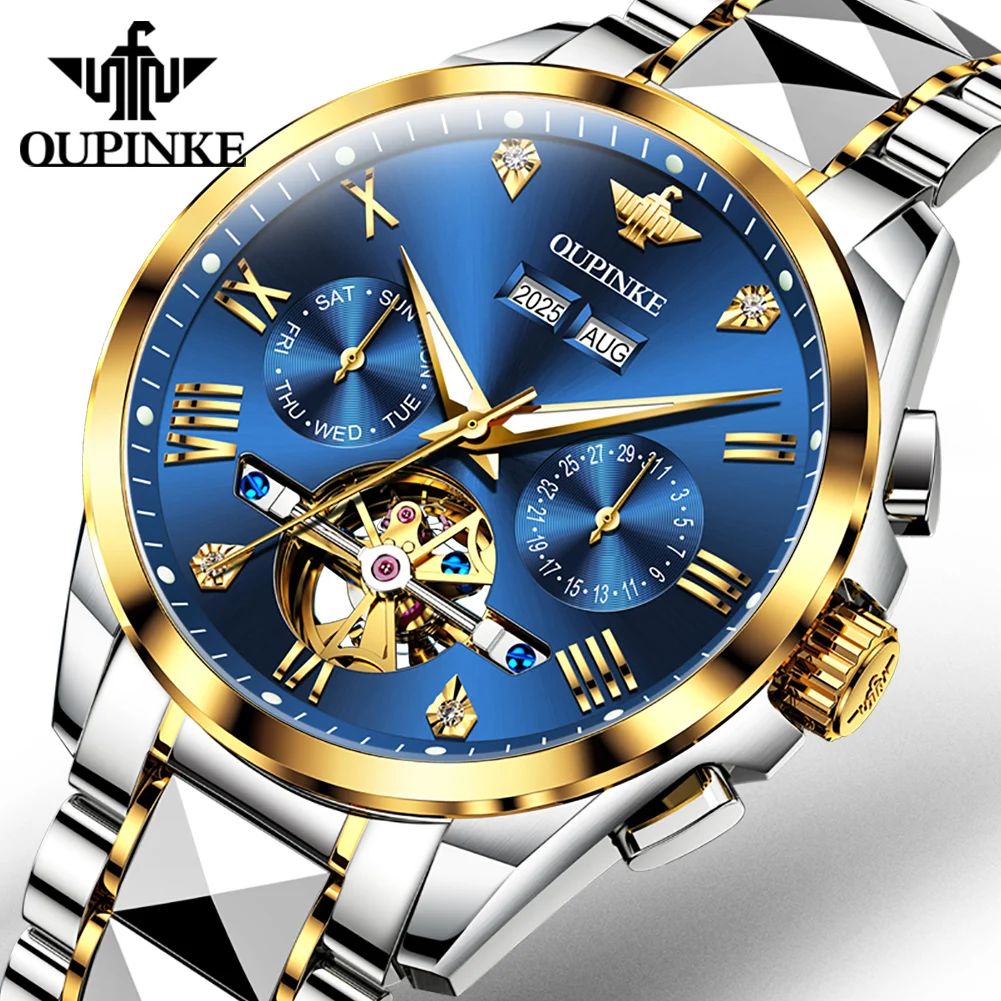OUPINKE Classic Men's Automatic Watch 44mm Large Dial Multifunctional Flywheel Luxury Diamond Mechanical Man Watches Waterproof