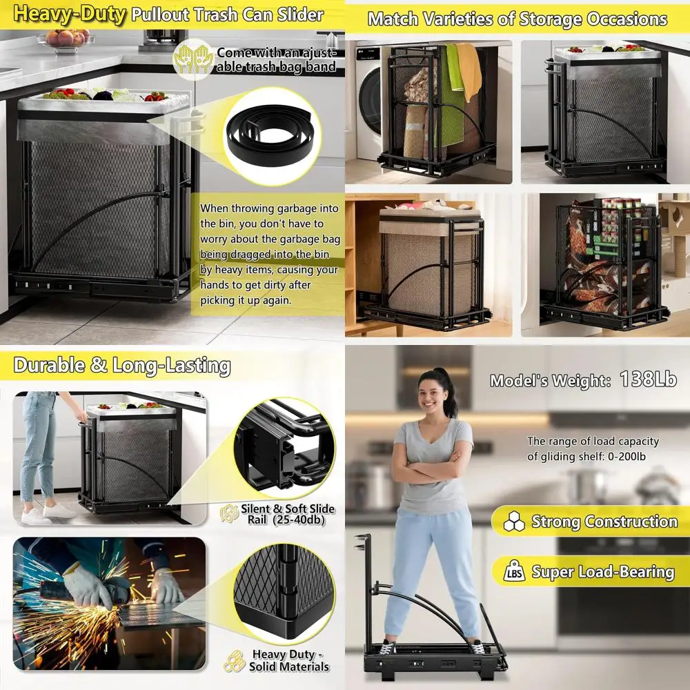 

30 Qt. Pull-Out Trash Bin, 7.4 Gal. Under-Sink Wastebasket, 13W x 17H x 19D, Metal Basket Included (Black)