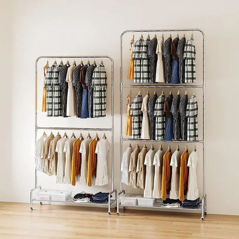 

Light luxury stainless steel glossy double-layer hanger floor-to-ceiling household hanging clothes rack Internet celebrity