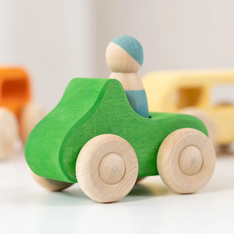 Basswood Rainbow Car Set with Peg Dolls Kids Small World Play Toys Stacking Blocks Waldorf Wood Toys for Children Car Track