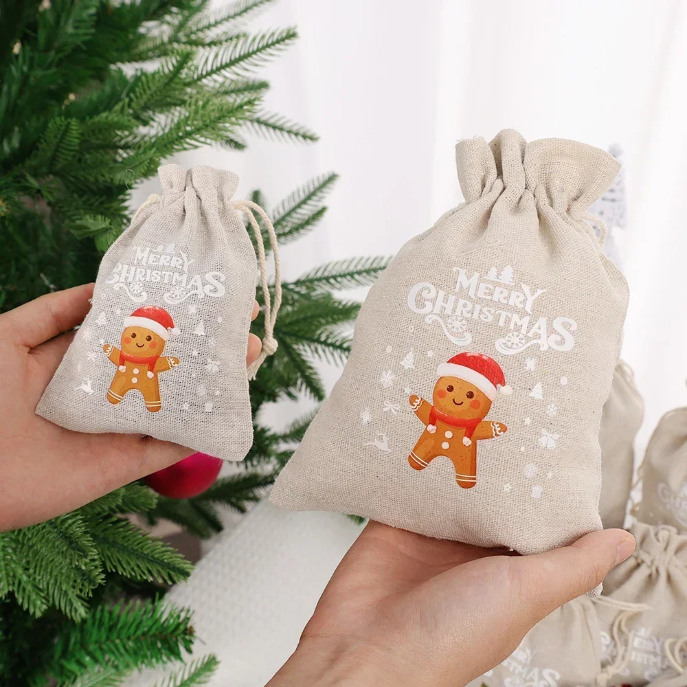 Wholesale Christmas Linen Bags Cartoon Santa Claus Snowman Candy Gifts Drawstring Bag for Xmas Party Packaging Storage Pouches