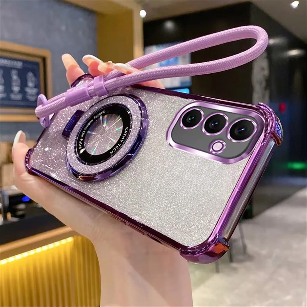Luxury Glitter Phone Case For Samsung A51 A31 A21S A50 A20 A30 A70 A71 A11 With Wrist Strap Lanyard Stand Shockproof Soft Cover