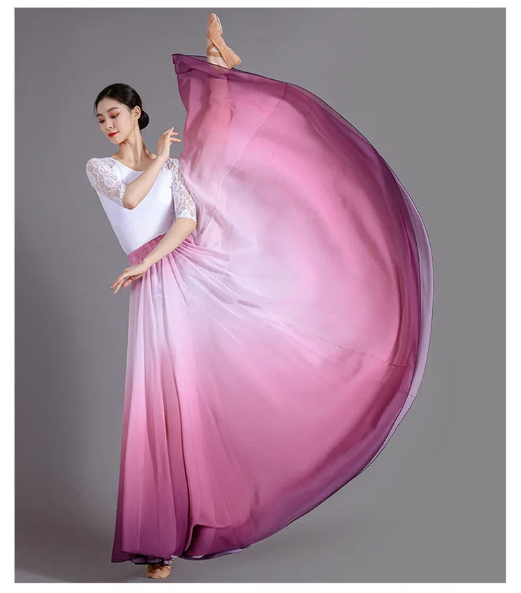Women's 360-720 Degrees Big-hem Dance Skirts Gradient Color Chiffon Maxi Skirts Elastic-waist Elegant Square Dance A-line Skirts