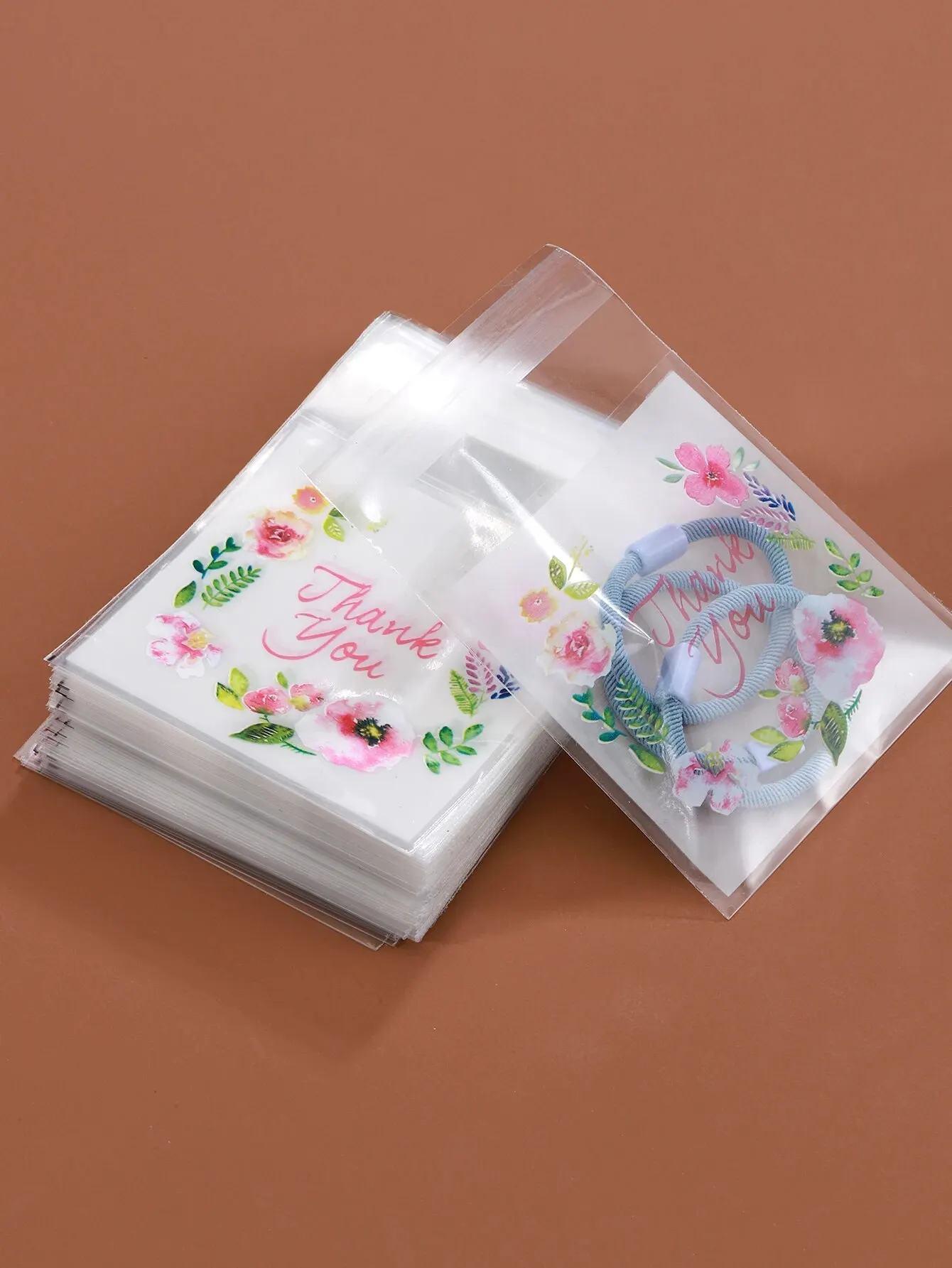 100pcs Colourful Flowers THANK YOU Self-adhesive Bag Plastic Pouches for DIY Jewelry Display Cookies Storage Gifts Bag Wholesale