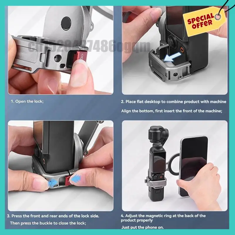 -ABJZ Soporte de teleprompter para DJI Osmo Pocket 3 Marco adaptador magnético con soporte de expansión de cámara de cuerda de mano