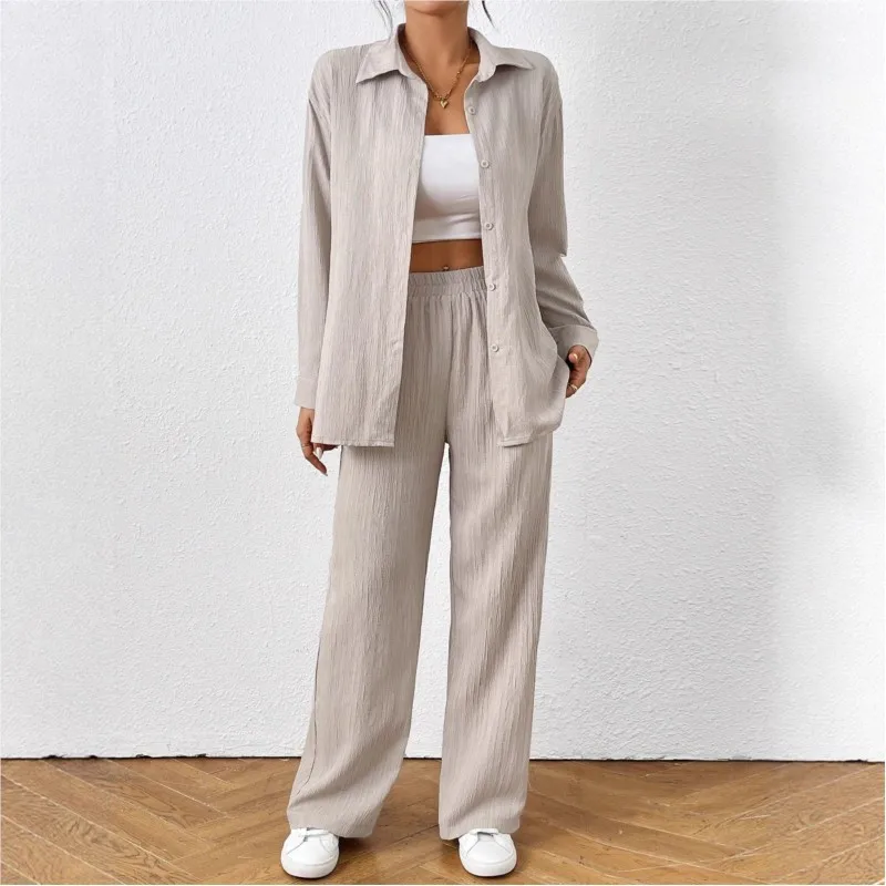 

2 Piece Set Women Solid Color Casual Office Outfits Vintage Single Breasted Long Sleeve Blouse+High Waist Wide Leg Pants Suits