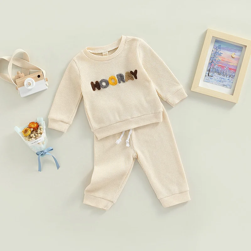 Tregren 0-24M Newborn Baby Boys Girls Clothes Waffle Fall Outfits Letter Rainbow Pattern Long Sleeve Sweatshirt Pants 2pcs Sets