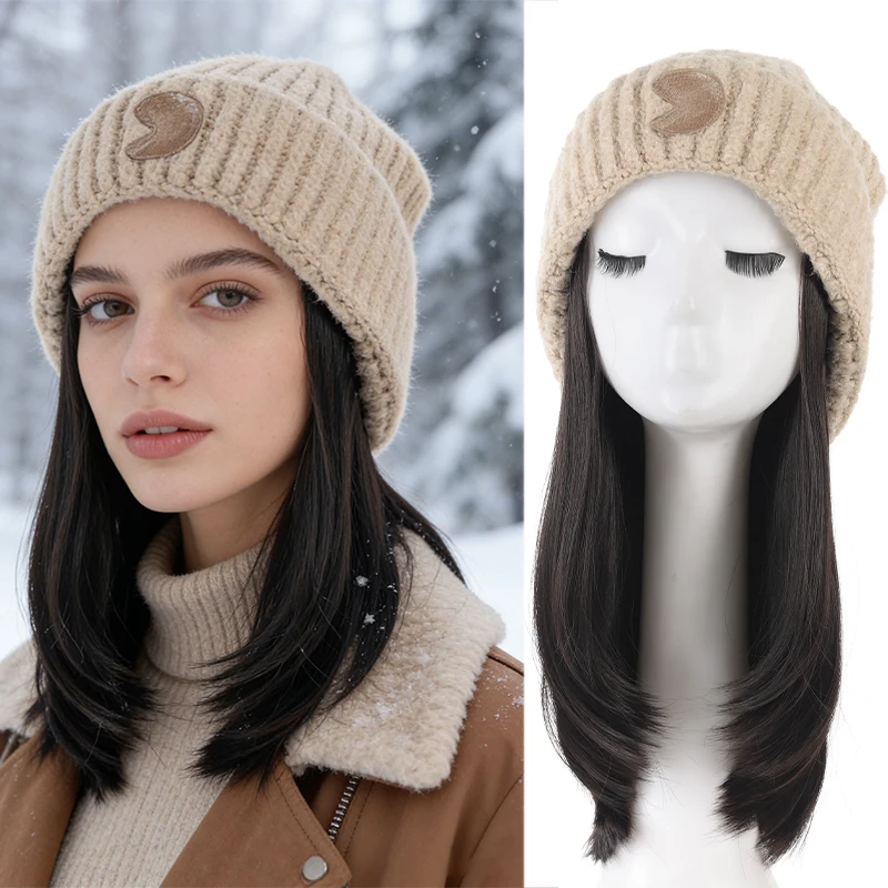 Hat wig one-piece women's collarbone hair simulation hair full head cover fashionable knitted wig hat