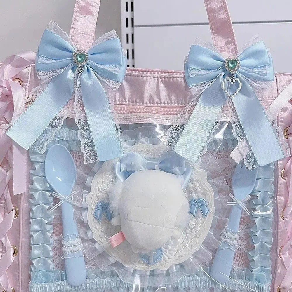 1/2PCS Ribbon Lace Bow DIY Ribbon Bowknot Kit Heart Diamond Clip Bling Heart Lolita Backpack Charm Double Layer Bow Pendant