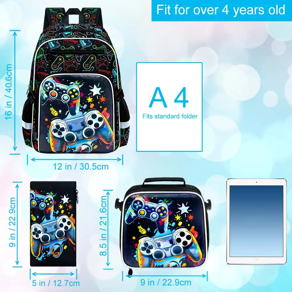 3Pcs Backpack for Boys, Cool Video Game Controller School Bag Set with Lunch Box & Pencil Case, Kids Bookbag Back to School view 3