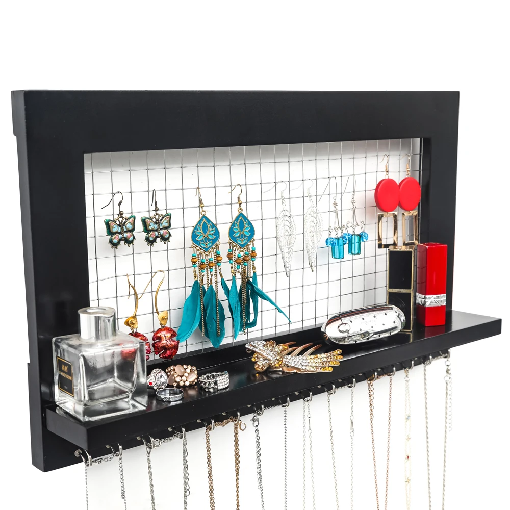 

Jewelry Manager - Wall Mounted Jewelry Stand , Shelf And 16 Hooks - Perfect Earrings, Necklaces And Bracelet Stand - Black