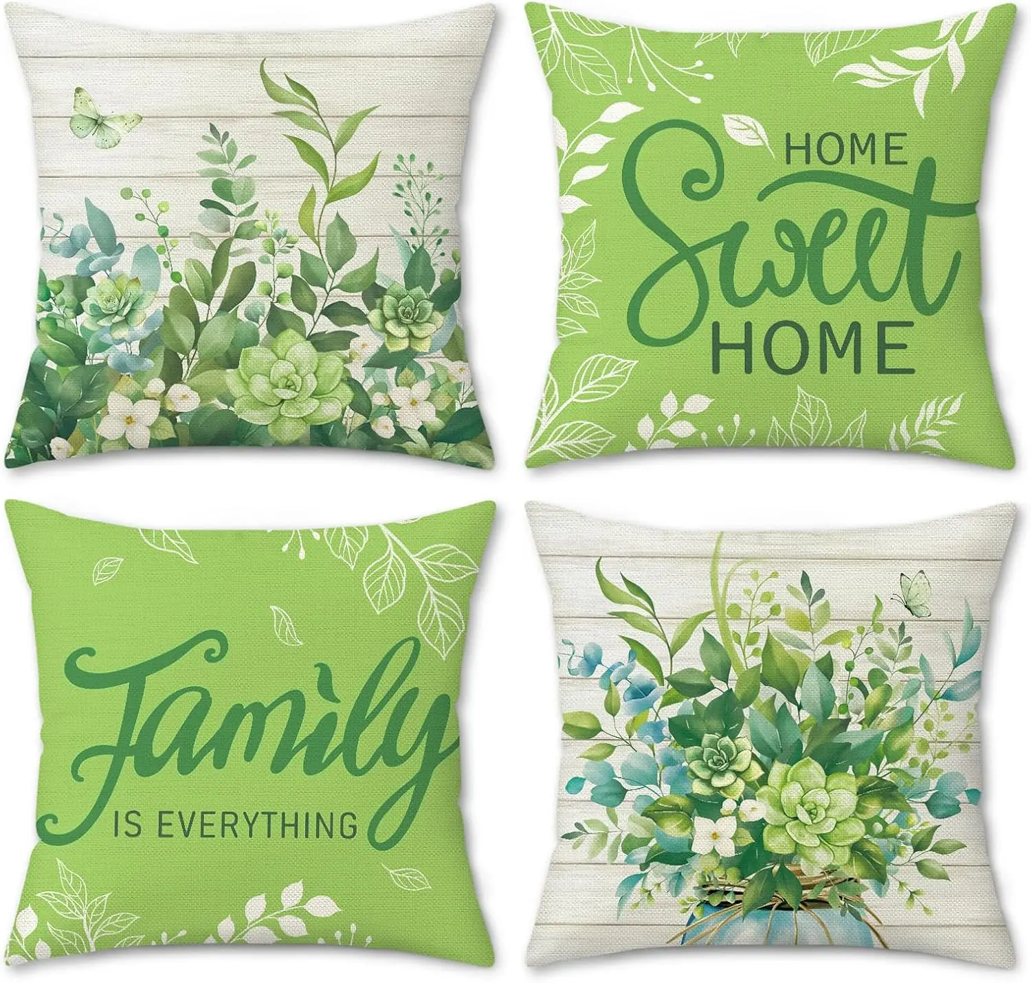 

4pcs Green Home Sweet Home Family Plant Butterfly Printed Pillow Cover Polyester Cushion Case 2D Flat Printing Pillowcase Now