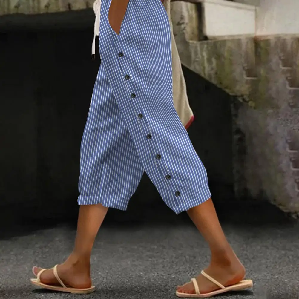 Women Cropped Pants Stylish Vertical Striped Cropped Pants for Women with Elastic Drawstring Waist Pockets Summer Trousers Women