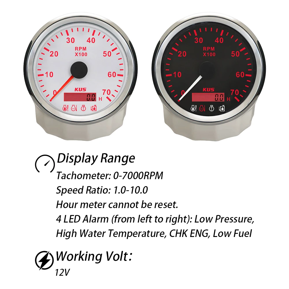 KUS 85MM Tachometer 0-7000 RPM Gauge with Red Backlight with Hourmeter with 4 LED Alarm 12V Waterproof for Trucks Motorcycles