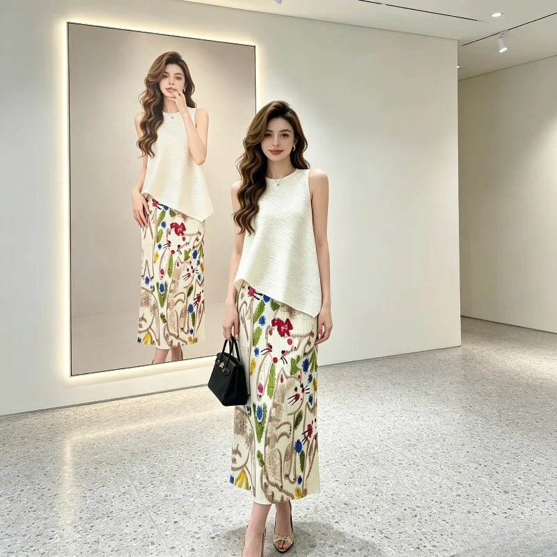 Miyake Pleated 2026 New Hand-painted Cat Print Skirt High Waist Elastic Straight Long Skirt Fashionable Age-reducing Versatile