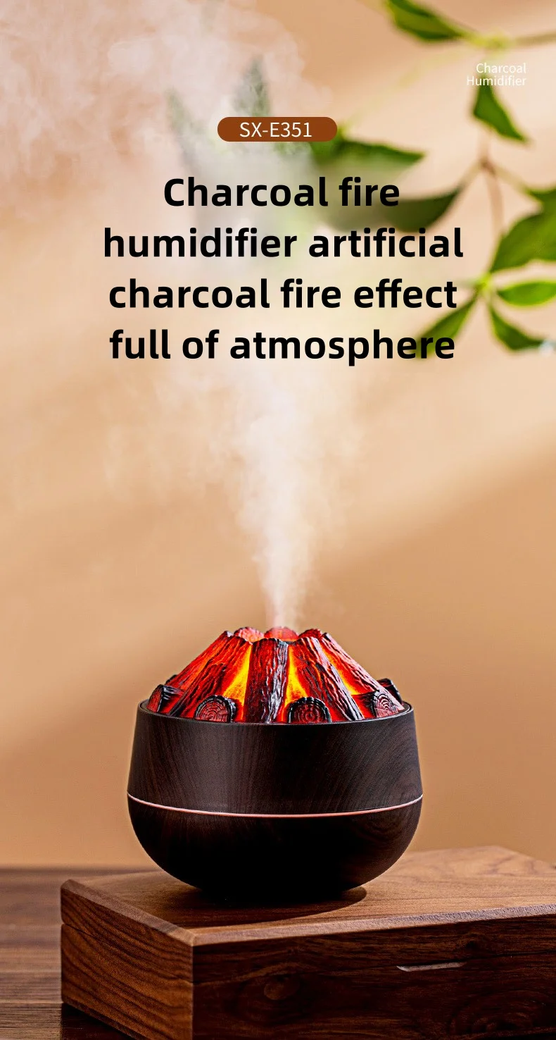 Simulierter Holzkohle-Feuer-Luftbefeuchter, leiser Ultraschall-Doppelnebelmodus, eingebaute Aromatherapie mit ätherischen Ölen und weichem Nachtlicht – Detail 1