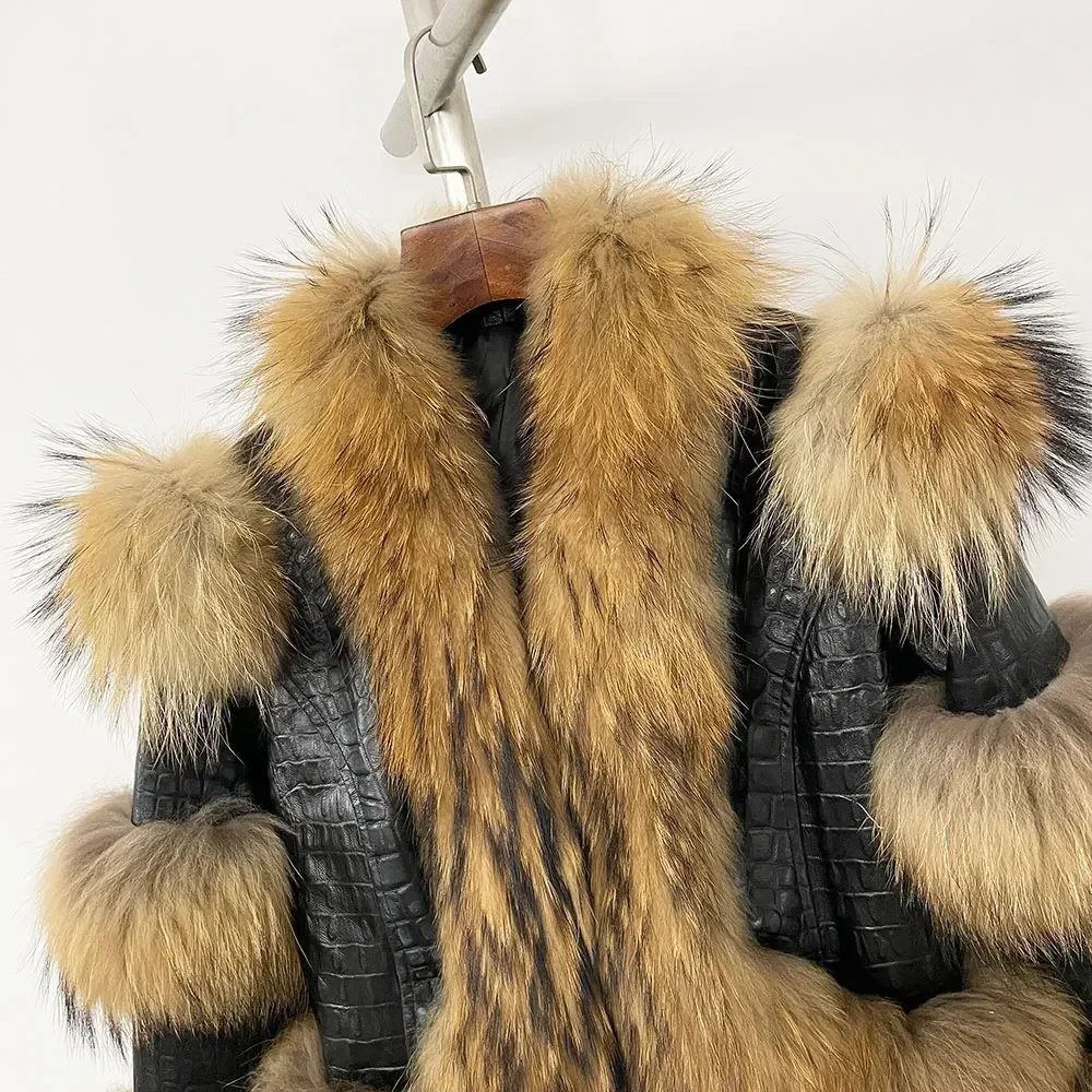 2024 neue Echtpelz Mantel Winter jacke Frauen Echt leder Natur Waschbär Fuchs Fell Ente Daunen Oberbekleidung dicke warme Streetwear