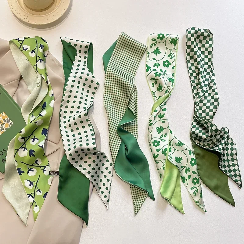 High-Grade Green Color Series Silk Scarf Hair Band Ribbon Tied-Up Hair Long Bow Vintage Satin Ribbon Hair Accessories Hairband