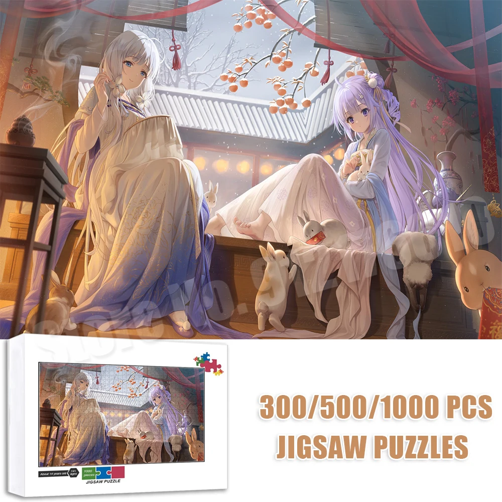 Chinese Hanfu Style Girl 300/500/1000 Pieces Jigsaw Puzzles Year of The Rabbit Educational Toys Decompressed Diy Cartoon Puzzles