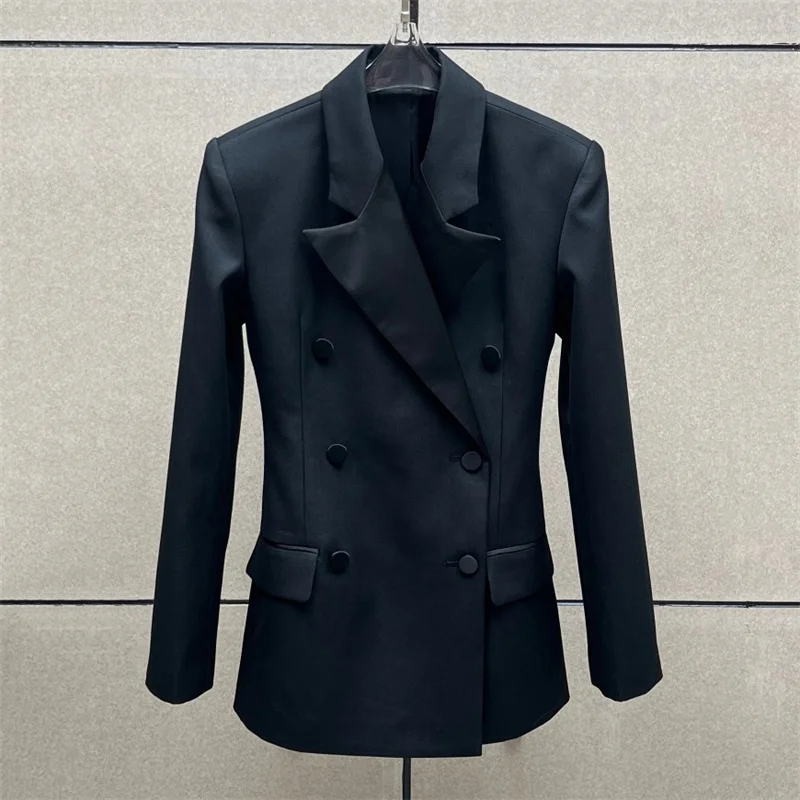 سترة نسائية شتاء 2025 جديد من الساتان المرقعة التلبيب بأكمام طويلة مزدوجة الصدر سليم صالح المرأة البدلة سترة معطف المرأة