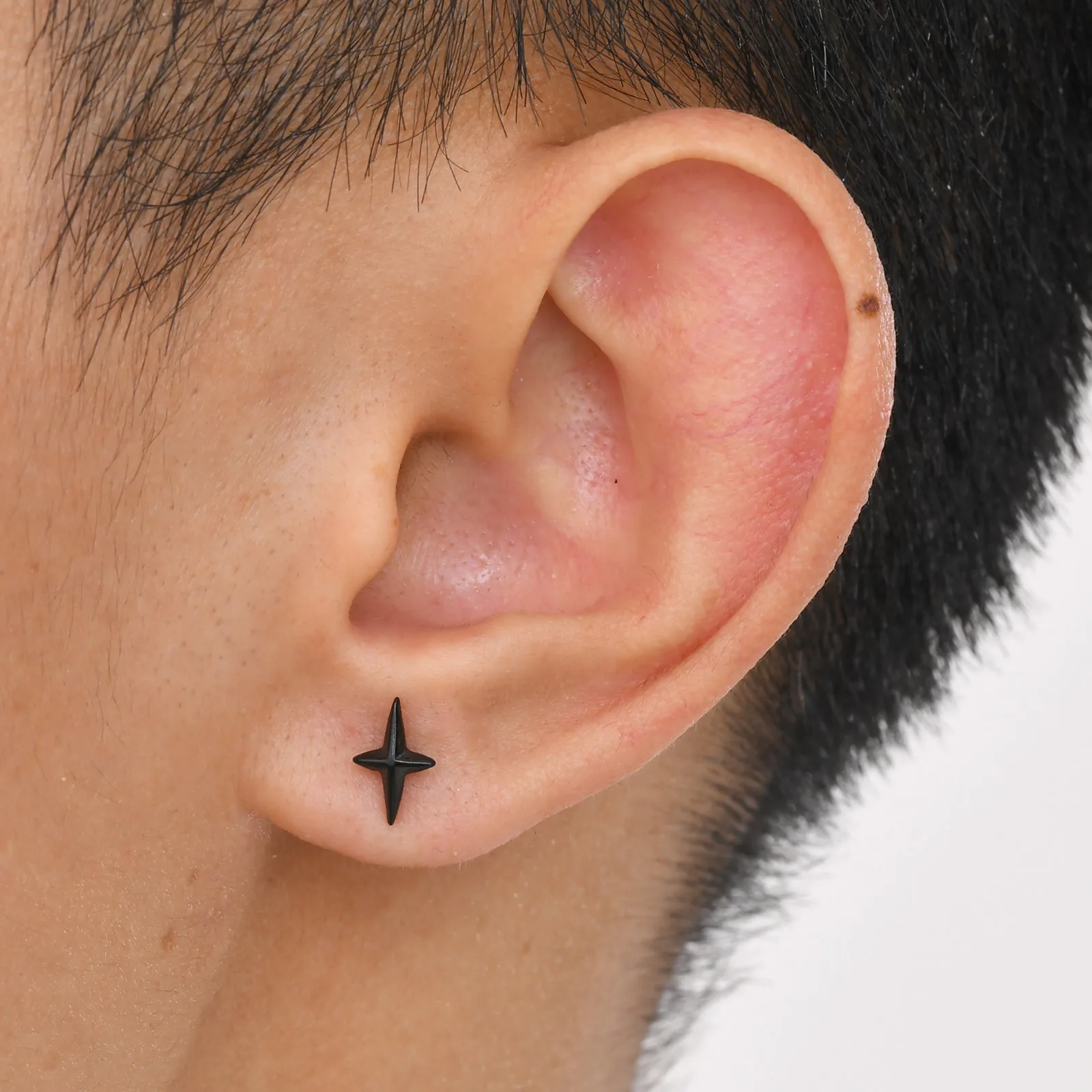 Black Star Stud Earrings for Men Boys,Stainless Steel Four Point Star Earring,Trendy Hiphop Jewelry