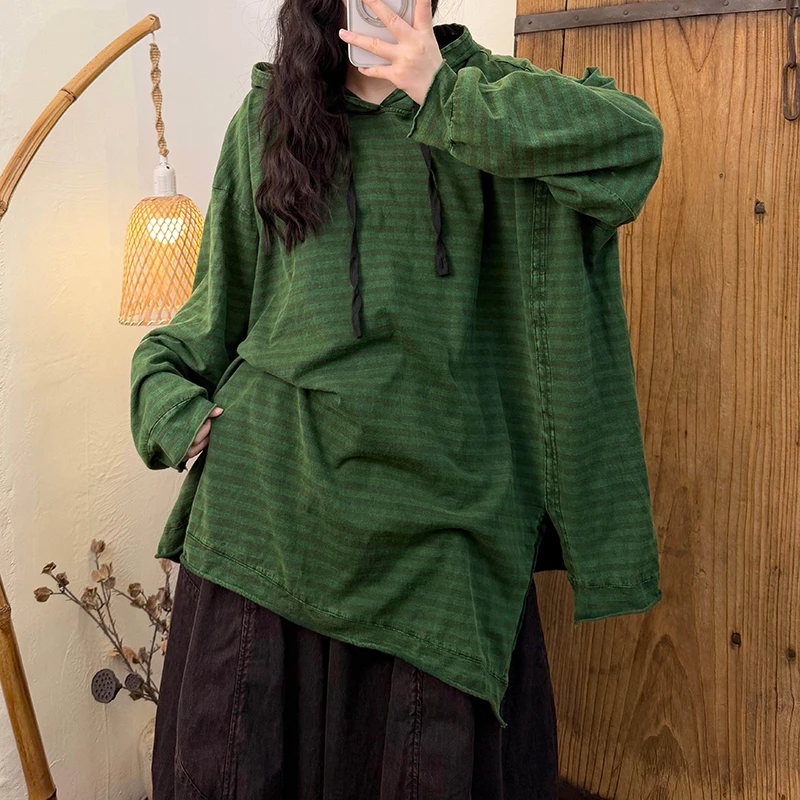 26 New Arrival Spring & Autumn Women Loose Casual Cotton Striped Split Design Hoodies Long Sleeve Hooded Collar Sweatshirts H79