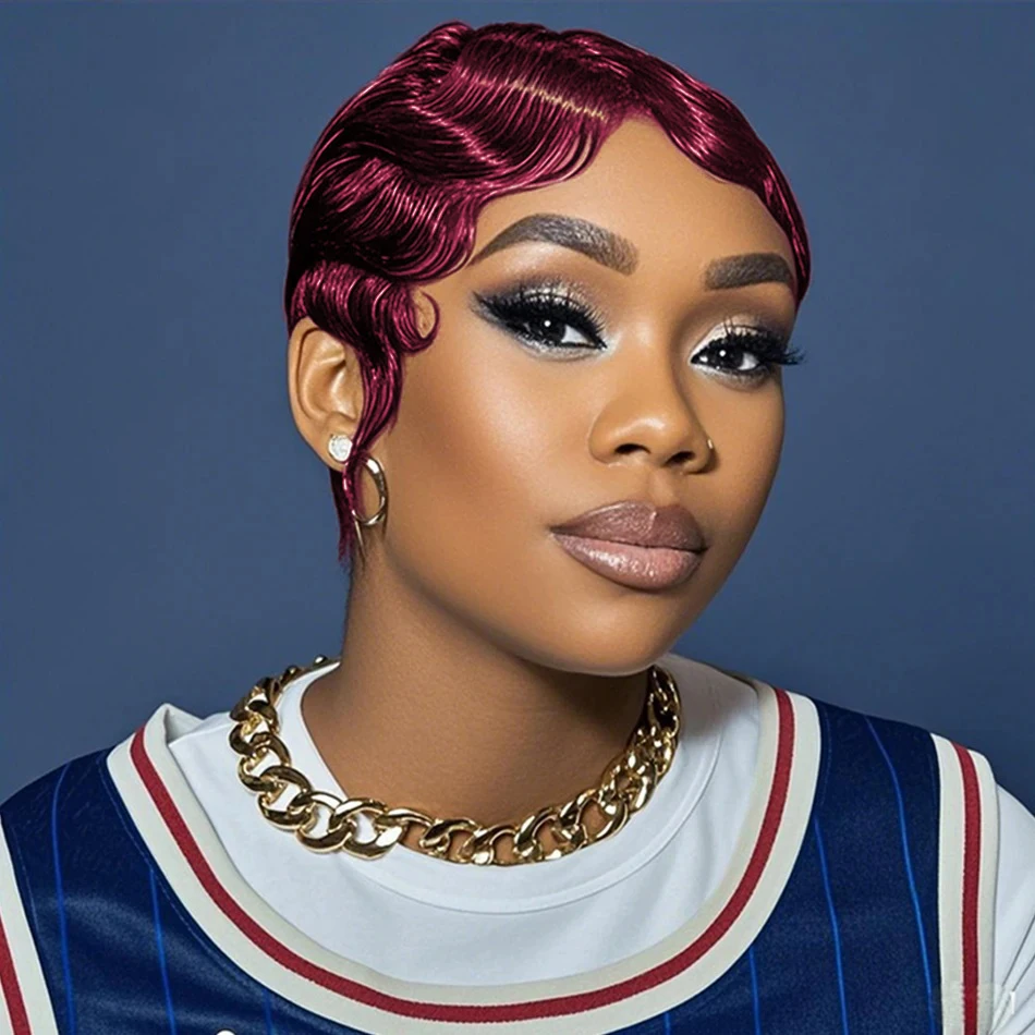 

99J Винно-красный волнистый парик пикси с пальцами, человеческие волосы Remy, плотность 150%, машинный парик