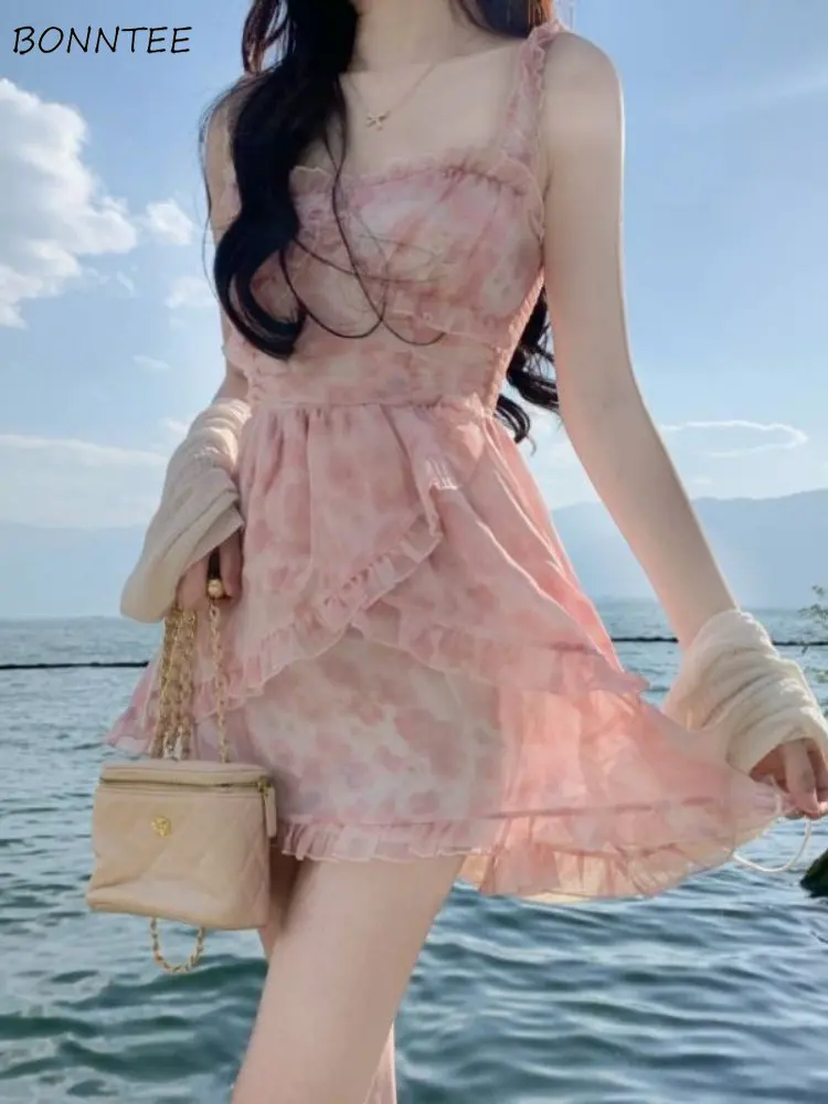 

Floral Dresses Women Ruffles A-line Summer Korean Style Mini College Hotsweet Fashion Ulzzang Slim Ins Temperament Princess Chic