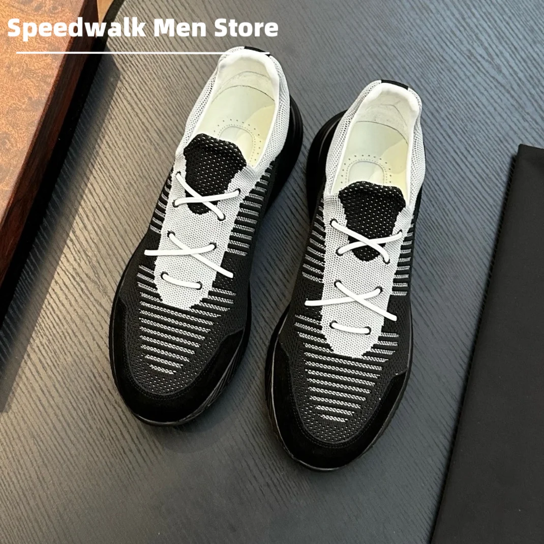 Lightweight Men Knit Mesh Casual Sneakers Stripe Color Splicing Lace Up Walking Trainers Wear Resistant Soft Sole Office Shoes