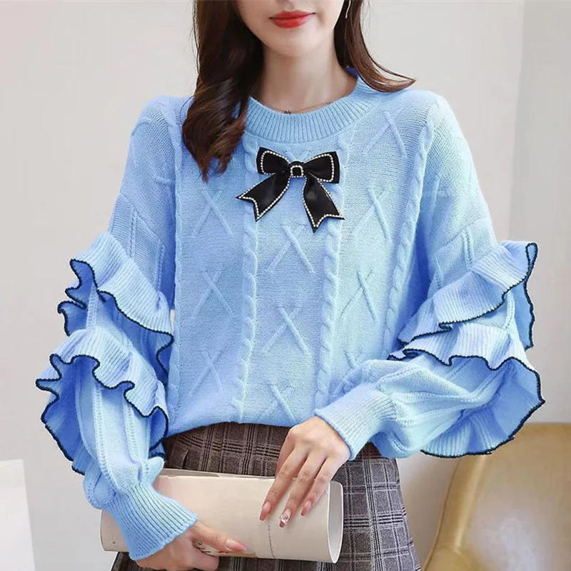 Fashion O-Neck Spliced Beading Bow Ruffles Sweaters Female Clothing 2023 Autumn New Casual Pullovers Loose Knitted Warm Tops