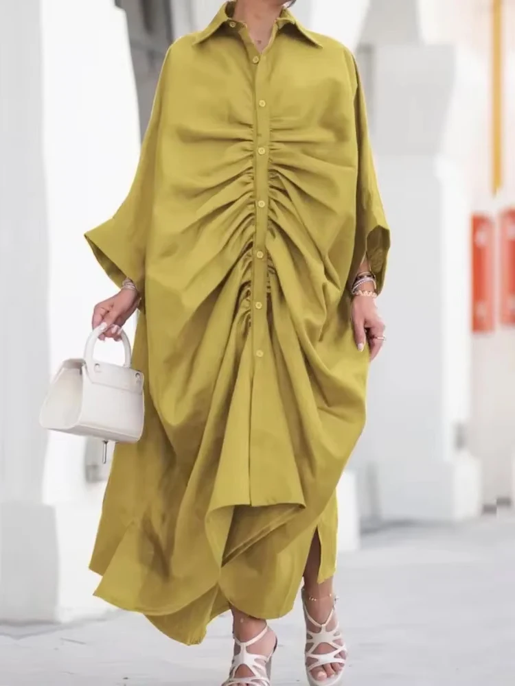 

Fashion Women's Oversize dress Long Sleeves Loose Buttoned Pleated Solid Color Lapel Maxi Dresses Shirt Dress Female Clothes