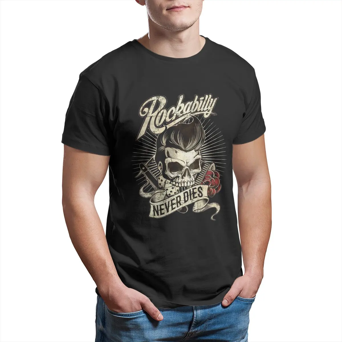 Men\'s T-Shirt Rockabilly Never Dies  Fun Cotton Tees Short Sleeve Biker 50 Rolling Greaser Topseller T Shirt Clothes New Arrival