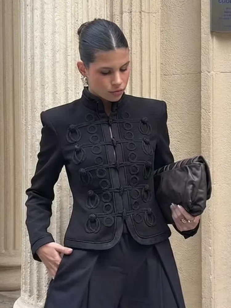 Chaqueta nueva de primavera 2026 para mujer, abrigo con botones de rana, chaqueta negra con cuello mandarín, abrigos cortos, Top Formal elegante Retro Chic para fiesta
