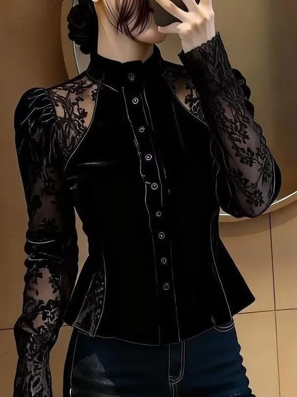 

Ele Velvet Lace Splicing Women's Sweater Faionable Sle Early Spring Bloom Cardigan Luxury Feel Bla Color