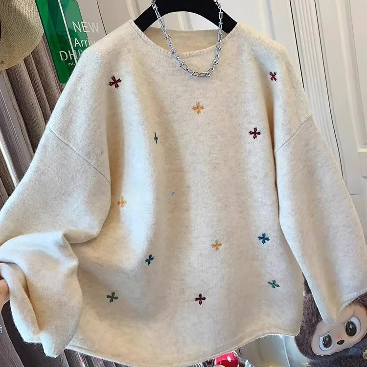 

Korean Style Embroidered Flower One Shoulder Loose Knitted Sweater Women Winter New Fashion Lazy Style Thickened Long Sleeve Top