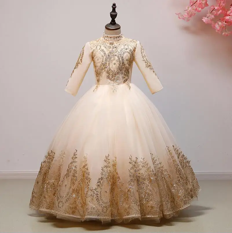 Elegant Girl Dresses Gold Sequin Lace Prom Princess Formal Dress Long Sleeve Flower Girl Dress Pageant Party Wedding Ball Gown