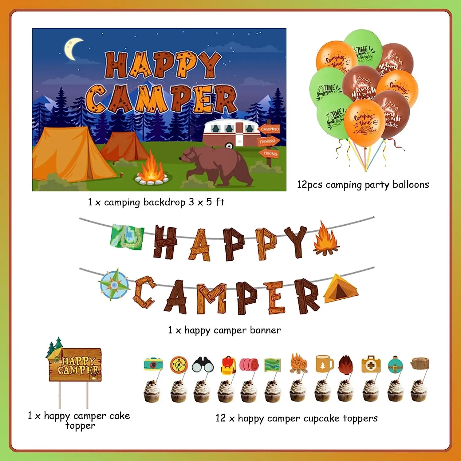 Happy Camper Party Decoration Camping Themed Party Supplies Happy Camper Banner Backdrop Cake Cupcake Toppers for Campfire Party