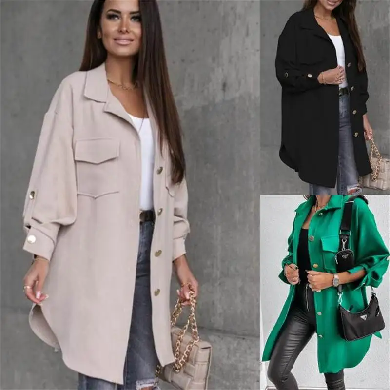 New 202 Long irt Jaet Coat for Women Autumn Winter Faion Streetwear Casual Oversized Button down Outerwear