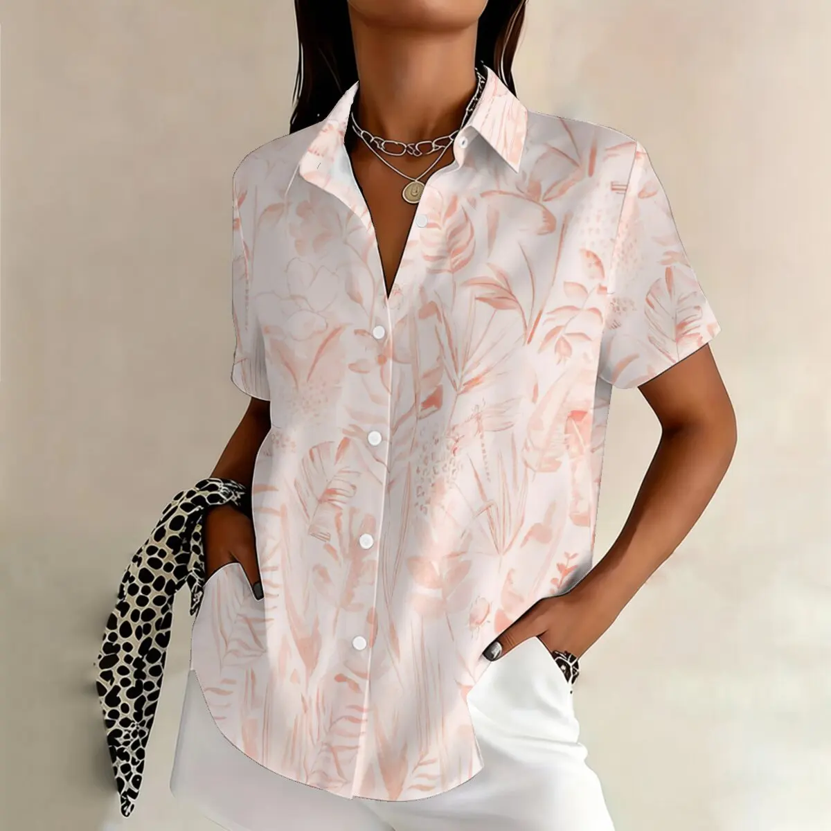 

Plus-size, artistic, printed short-sleeved shirt for women; simple and fresh floral pattern; loose and stylish