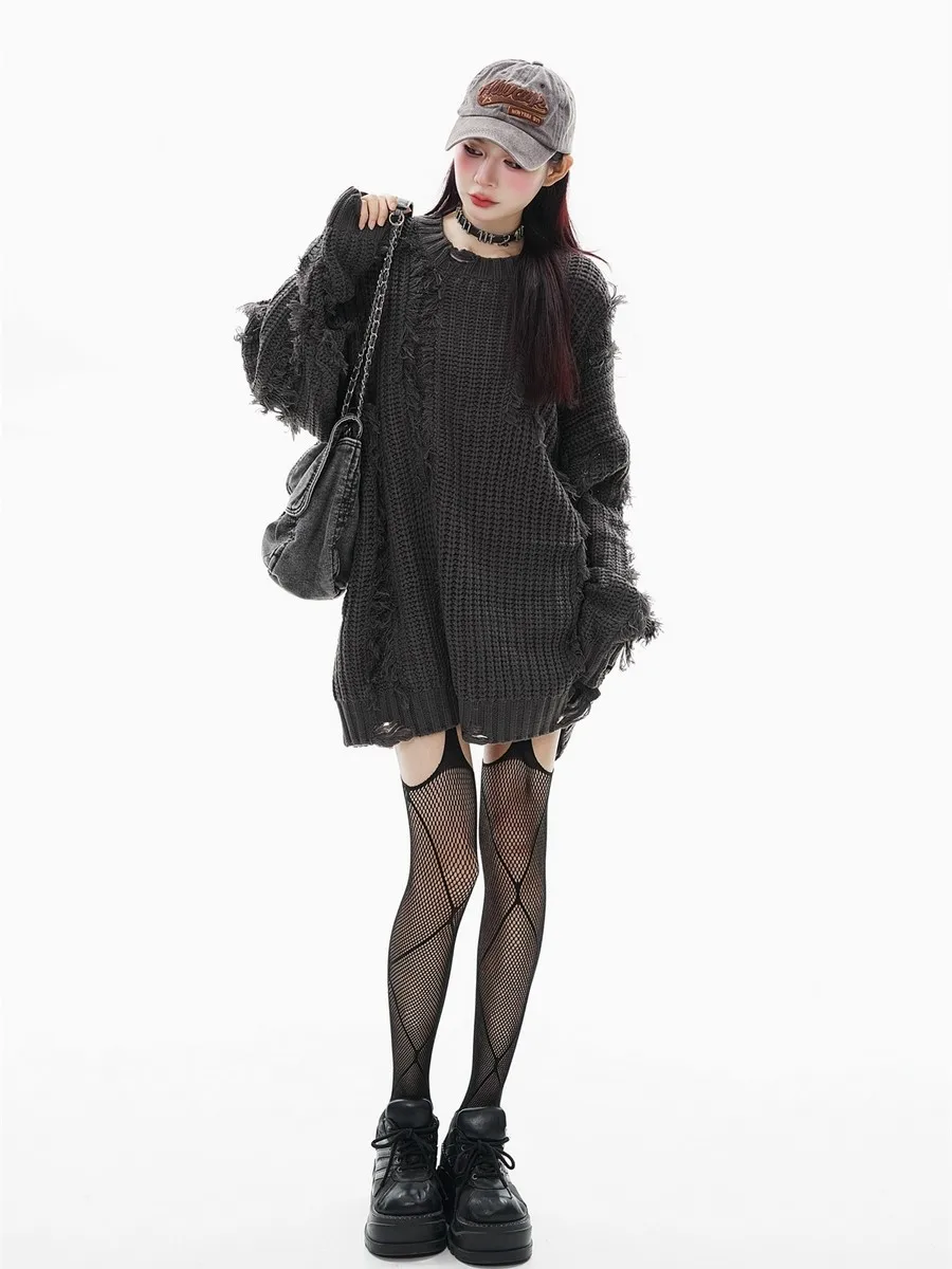 

Потертые рваные кисточки с рваными дырками, большие свитера в стиле панк в готическом стиле для женщин и мужчин, уличная одежда в стиле готика Y2k, весенне-зимняя одежда, пуловер